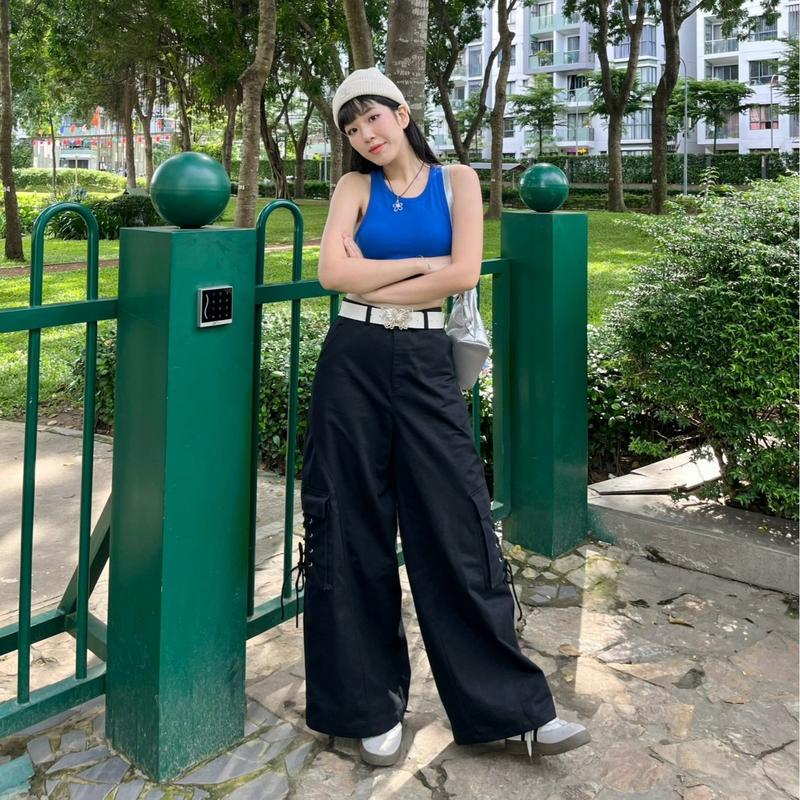 Quần Nữ Ống Rộng Túi Hộp Zia Cargo Cạp Cao Nữ Unisex, Quần Dài Túi Hộp Ống Rộng Kaki Xù Nhẹ Cotton | Box Pants| Secodee Nhung Xanh Rêu