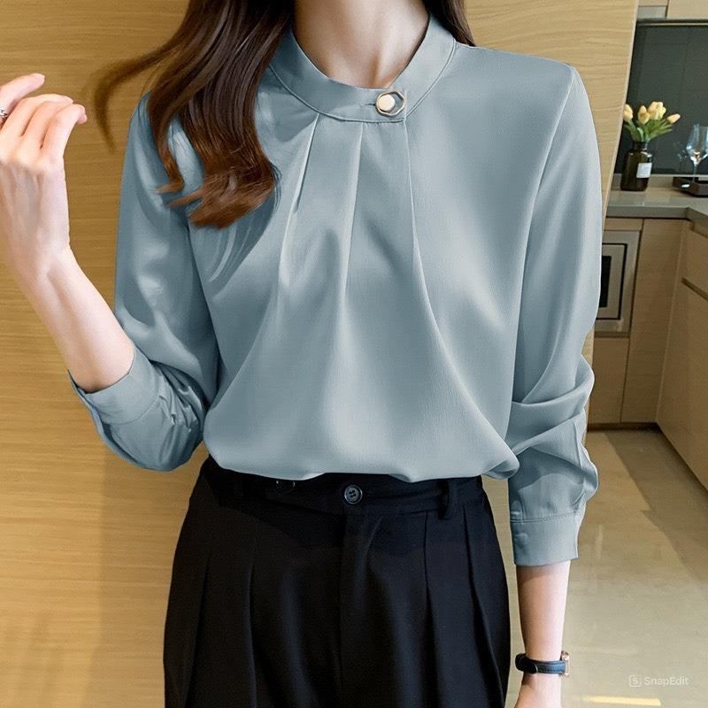 Áo Trung Niên Nữ U30 U40 U50 Cổ Tàu Xếp Li Đính Cúc Kiểu Dáng Sơ Mi_ Thời Trang Công Sở 1