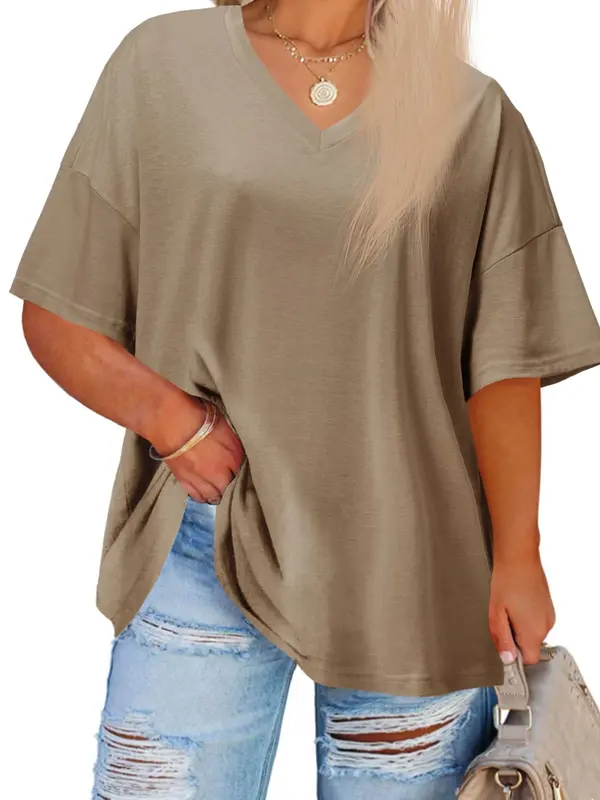 【Plus Size】 Plain V Neck Drop Shoulder Half Sleeve Tee, T Shirts for Women, Summer Tees, Summer Vacation Tops, Hide Tummy, Casual Basic T-shirt, Women's Clothing for Daily Wear, Back To School, T Shirts for Women, White Tshirt Women, Tops for Women 8