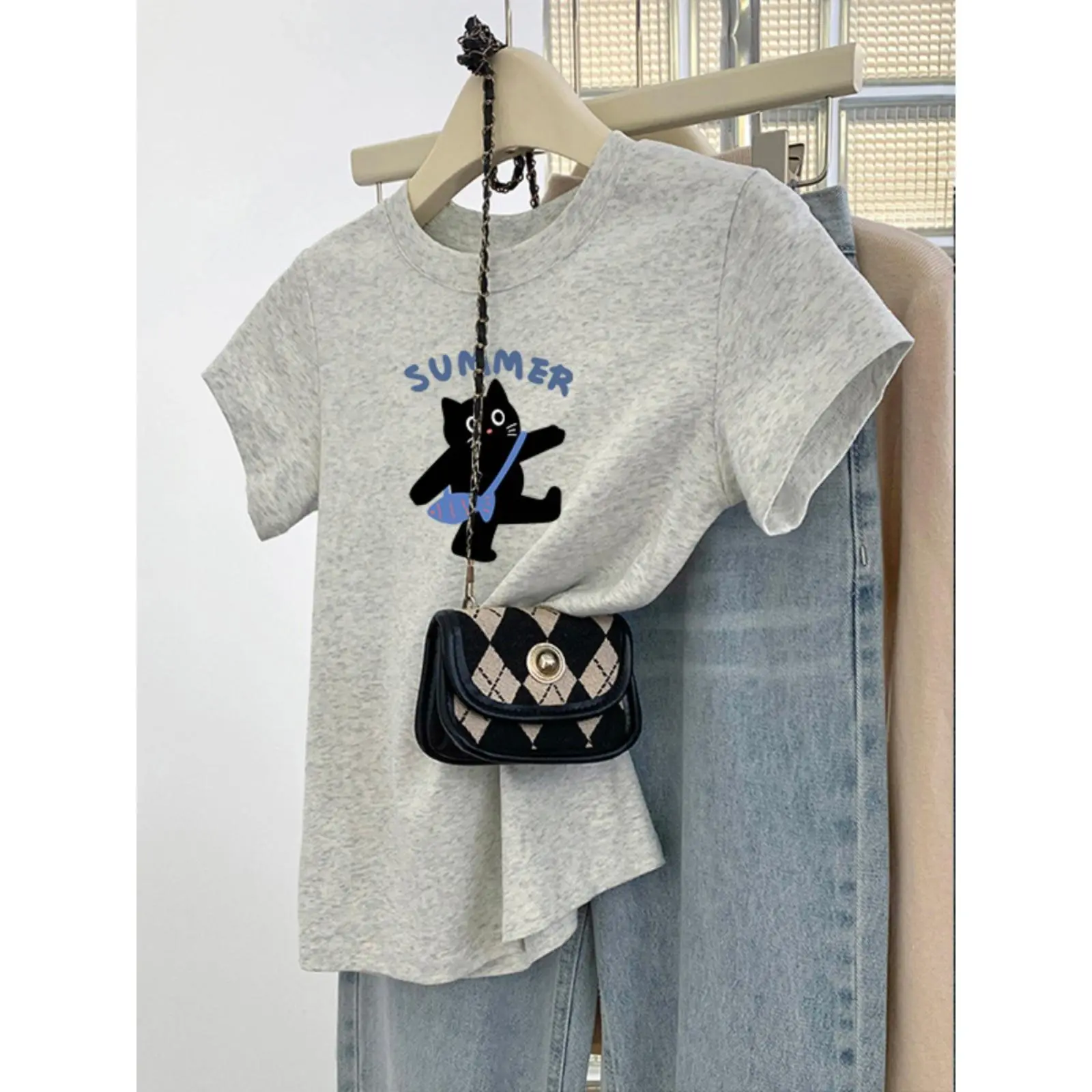 2025 summer slim slim cotton short sleeve sweet spicy small shirt