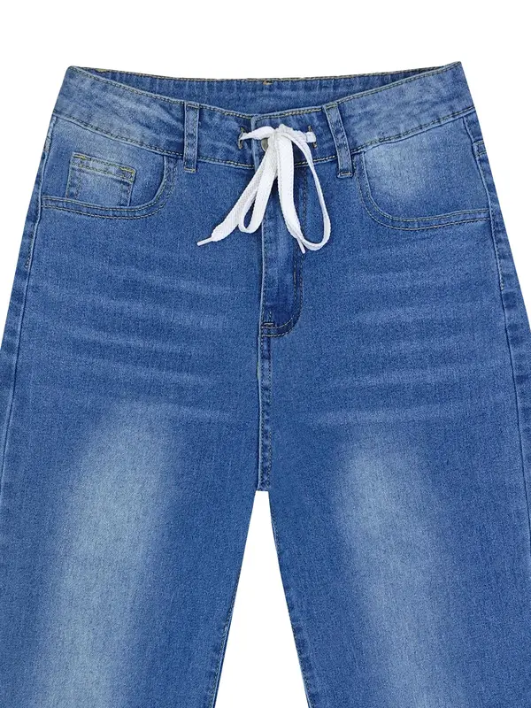 Women's Plain Straight Leg Denim Pants, Casual Retro High Waist Trousers for Daily Wear, Jeans, Ladies Bottoms for All Seasons, Womenswear 7