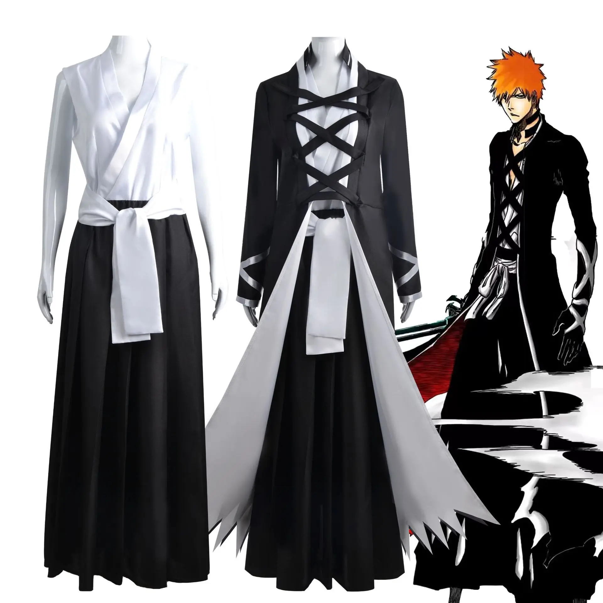 BLEACH Cosplay Costume, Ichigo Kurosaki Cosplay Costume, Wanjie Cloak, Ichigo Kurosaki, Swastika Cloak, Long Robe Cosplay Costume incredibles  costume