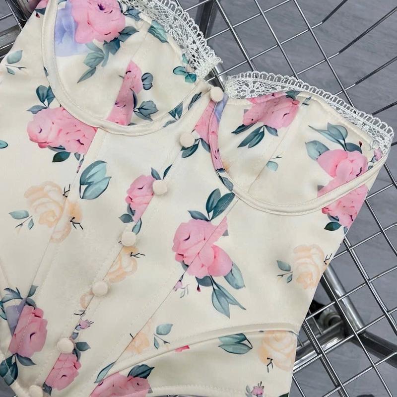 ( Ảnh thật ) Set áo croset in nhiệt hoa 5D phối chân váy lụa Tô châu cao cấp quyến rũ Dress Nữ Ren Women Bo Chun Voan 2