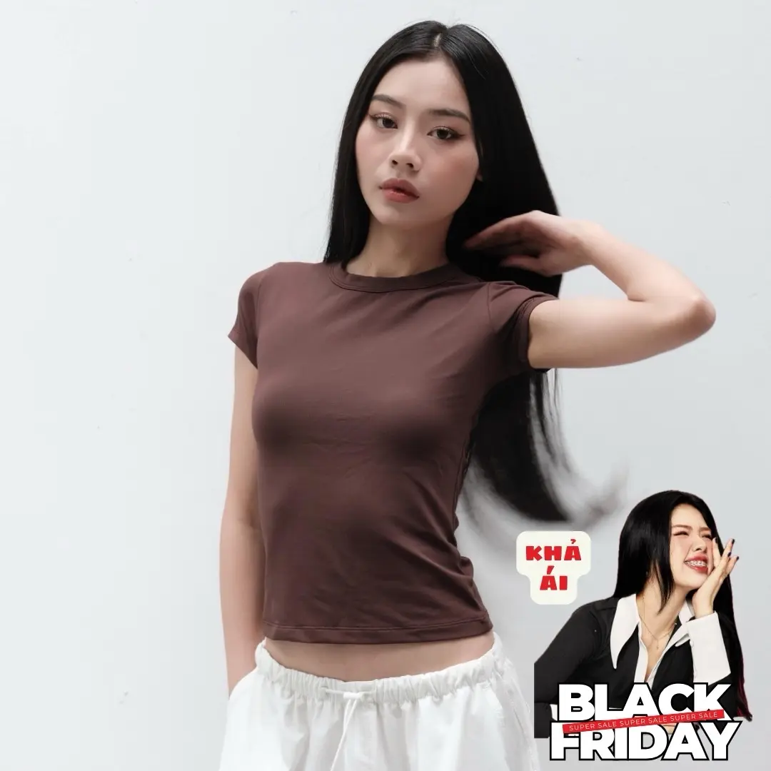 OLALASTUDIO áo thun nữ ôm Trơn Cổ tròn Meme Top