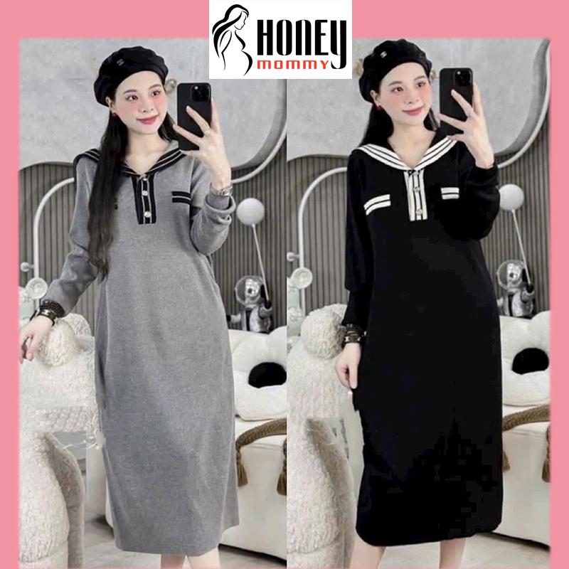 Váy Bầu Len Đầm Bầu Thu Đông Tay Dài Cổ Thủy Thủ Chất Len Tăm Đính Khuy Cổ Trẻ Trung Basic Mặc Đi Chơi Đi Chụp Ảnh HD3250 Honey Mommy