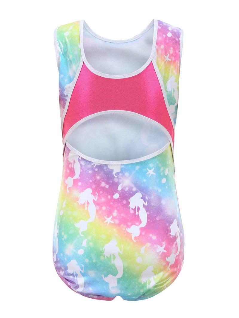 Product Introduction of Girl's Ombre Mermaid Print Cut Out Back Dance Bodysuit, Cute Sleeveless Round Neck Leotard, Girls Dancewear for All Seasons 2