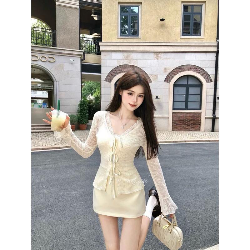  Set áo thun tay xoè cột nơ phối chân váy A 