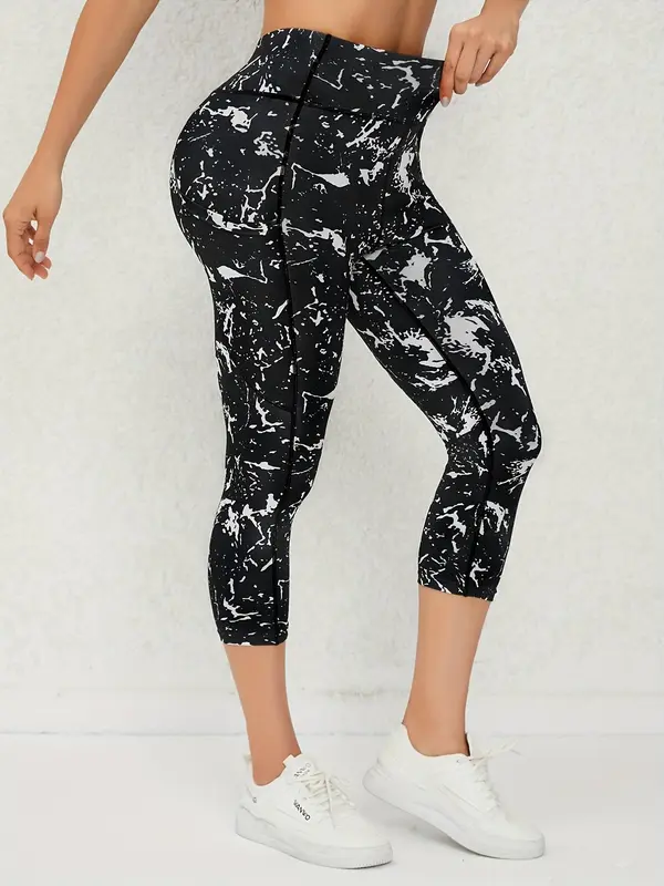 Women's All Over Print High Waist Sports Leggings, Casual Sporty Comfy Breathable Capri Skinny Pants for Yoga Gym Workout Running, Women Sport & Outdoor Clothing for Summer Spring Fall 2