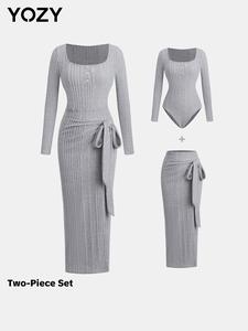 YOZY Two-Piece Set Women's Plain Ribbed Half Button Bodysuit & Bow Decor Wrap Skirt, Casual Button Closure Crotch Square Neck Bodysuit & Bodycon Skirt for Daily Wear, Ladies Clothes for All Seasons