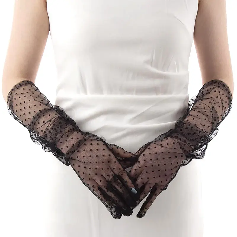 Summer Women Black White Dot Lace Long Tulle Gloves Stretchy Full Finger Transparent Sexy Mittens Mesh Bride Wedding Gloves