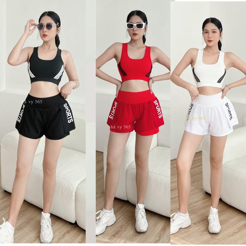 Quần áo tập gym yoga aerobic - Bộ tập aerobic nữ quần 2 lớp áo phối kẻ chất mát co giãn 4 chiều tặng kèm mút quần có túi