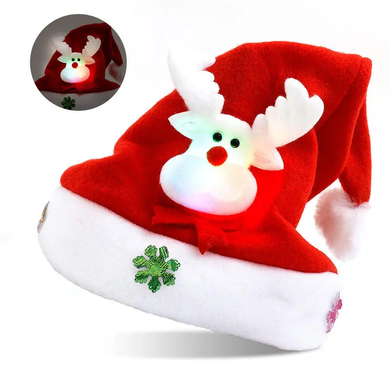 PrettySetMerry Christmas LED Hat New Year Navidad Cap Snowman ElK Santa Claus Hats For Kids Children Adult Xmas Gift Decoration Accessory Cartoon Ornaments Masks Cloth