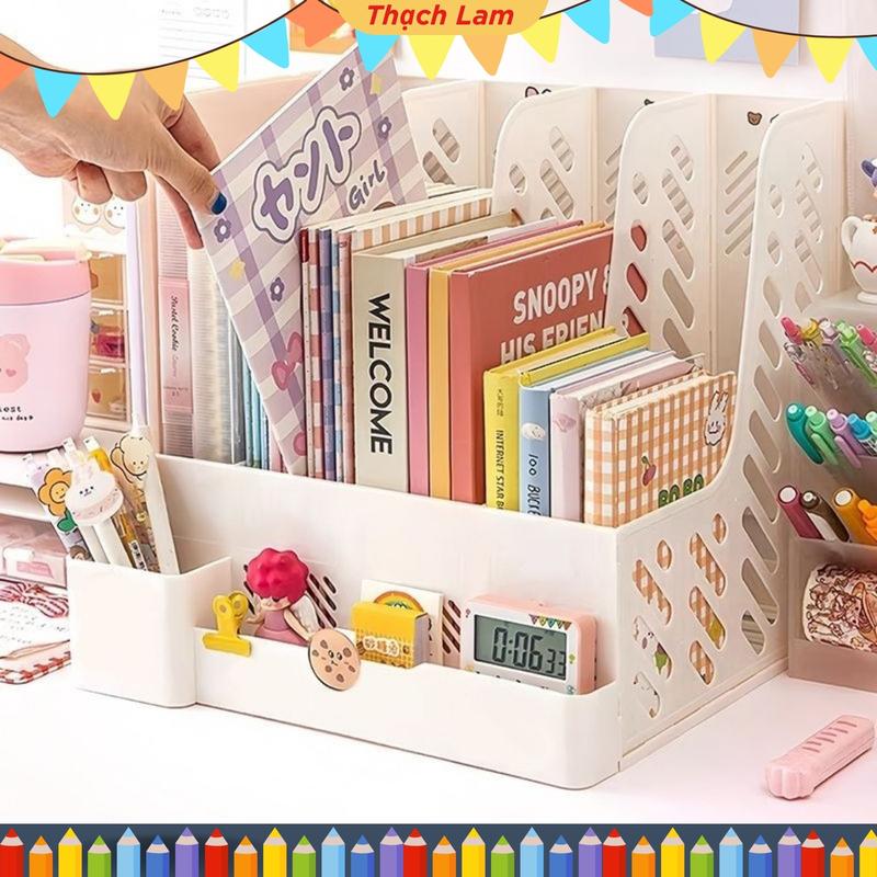 Tặng sticker Khay kệ đựnġ tài liệu văn phòng A4 4 ngăn xᶖnh xắn, Giá kệ đựnġ sách vở để bàn decor bàn học
