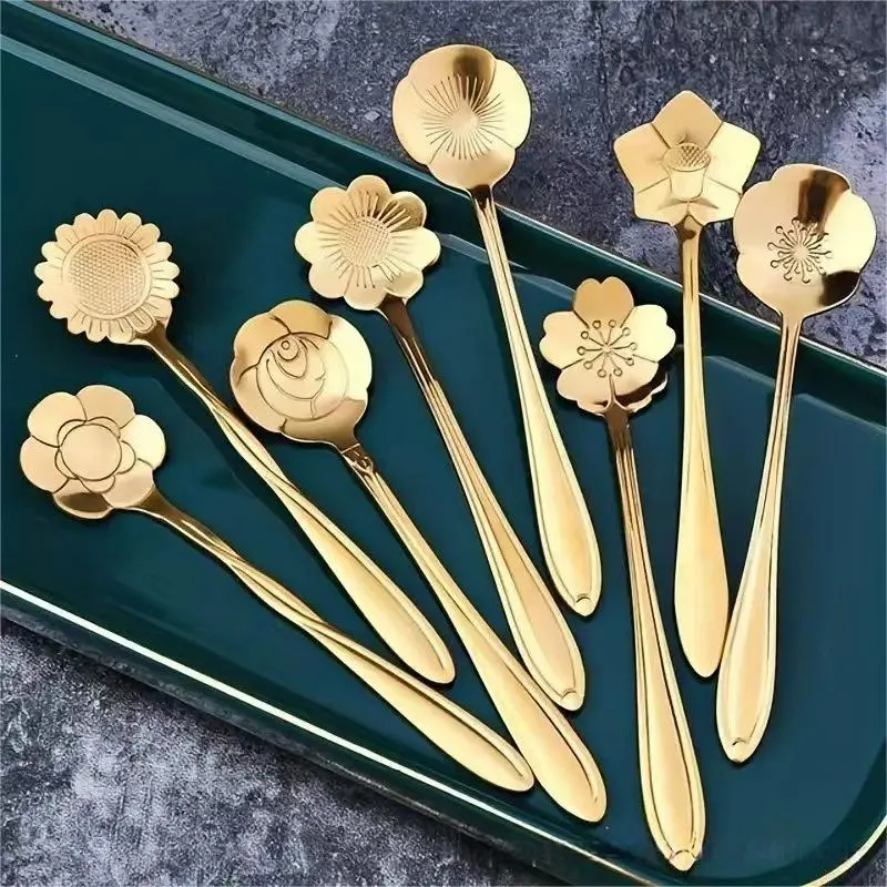 Modern Flower Design Stainless Steel Spoon Set, 8 Counts/set Various Pattern Coffee Dessert Spoon, Household Spoons for Home Dining Room Dessert Shop Picnic
