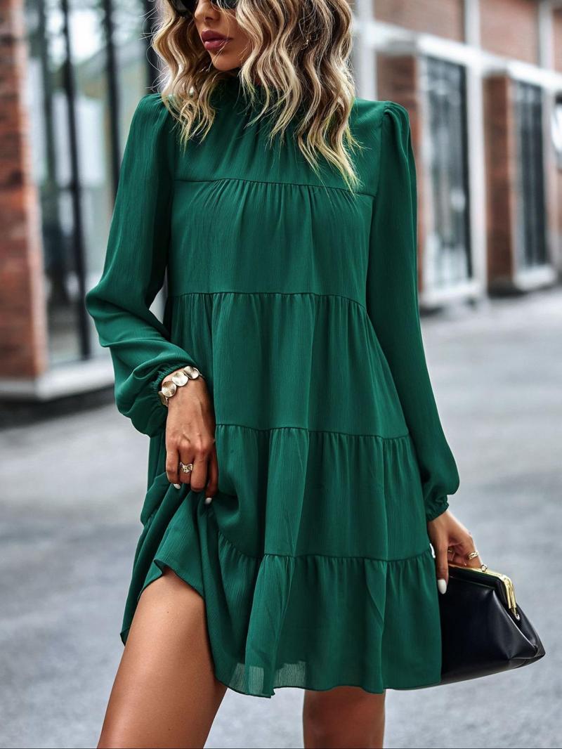 Product Introduction of Women's Plain Ruched Ruffled Collar Smock Dress, Boho Bishop Sleeve Short Dress for Beach Holiday Vacation, Ladies Clothes for All Seasons 7