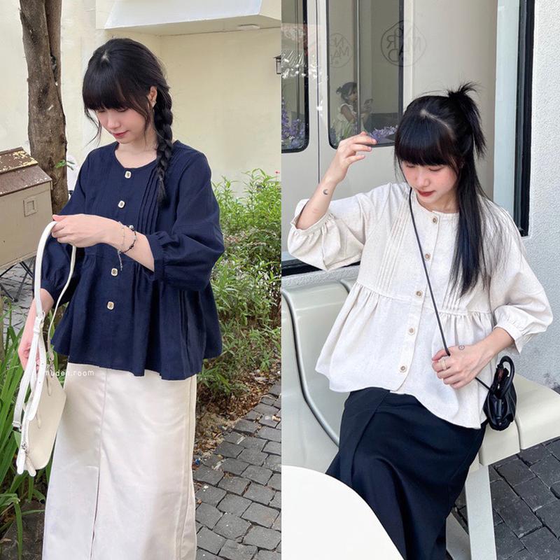 Áo sơ mi babydoll xếp ly dọc khuy gỗ "Sandy" Hàn Quốc xinh xắn Nữ Women Top Shirt