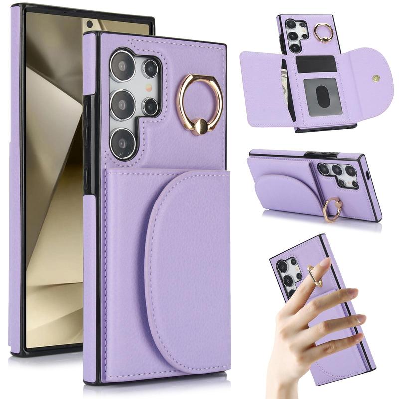 Product Introduction of Solid Color Phone Case with Finger Ring & Card Slot, 1 Count PU Leather Wallet Phone Protective Cover, Phone Accessory for Samsung Galaxy S24 S23 S22 S21 7