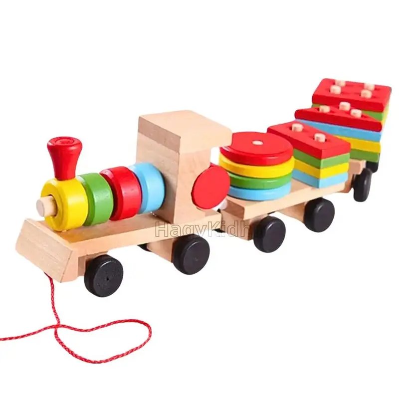 Tàu Hỏa Kéo Gỗ Thả Hình Khối Cho Bé Montessori  Đồ chơi Gỗ Giáo Dục An toàn Thông Minh 0