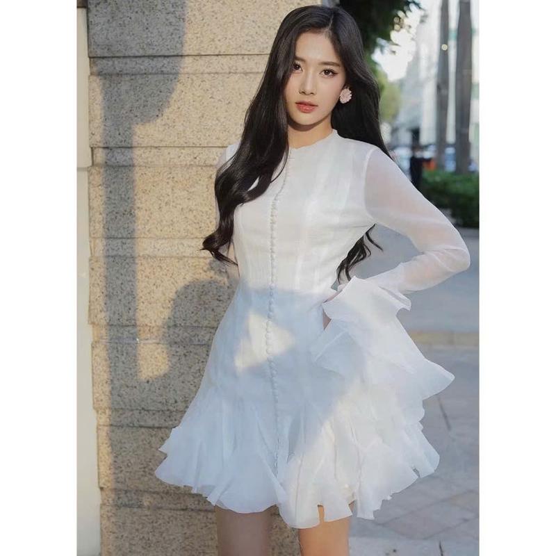 P039 - Đầm tơ tiểu thư bánh bèo tay dài loe phối nút bọc tôn dáng Nữ Women váy tiệc