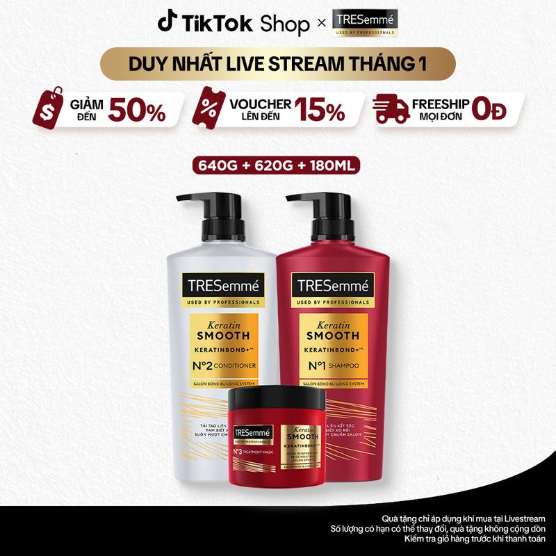 3 FS Combo Dầu Gội Dầu Xả Kem Ủ TRESemmé Keratin Smooth Cho tóc khô xơ rối Công thức Hydrolyzed Keratin Dưỡng Tóc Vào Nếp Suôn Mượt 640g 620g 180ml Nữ