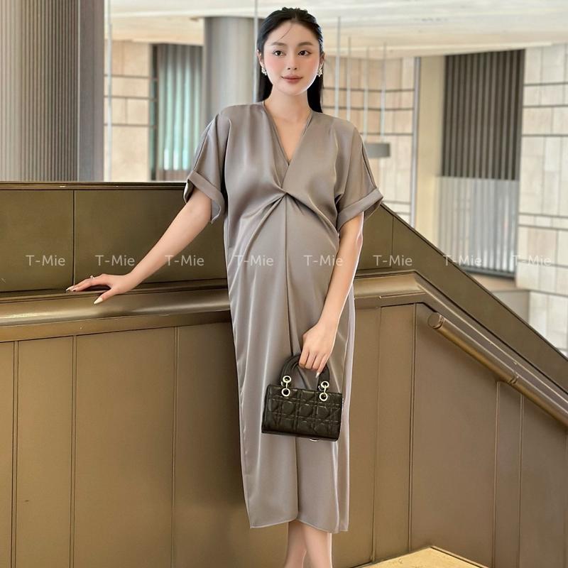 T-Mie | Váy Bầu Thiết Kế Cao Cấp Chất Lụa Cổ V Tay Dơi Sang Trọng Cho Nàng Diện Đi Tiệc, md5172 2