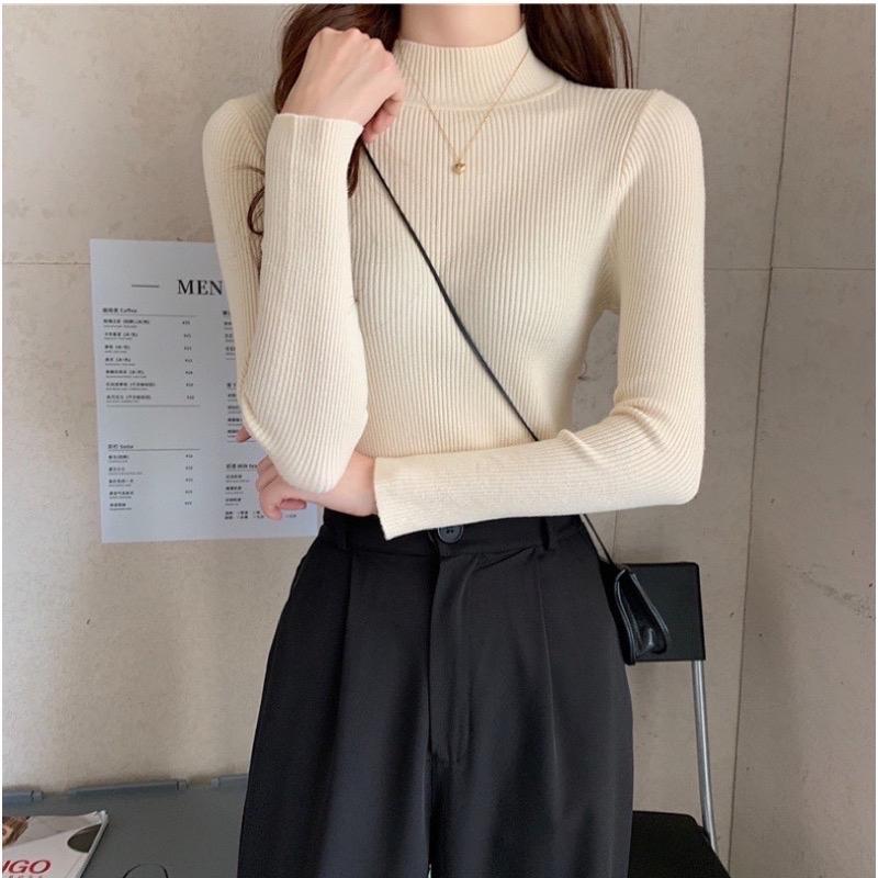 Áo len tăm cổ 3 phân nữ tay dài kiểu cổ lọ dáng ôm body giữ nhiệt hàng dệt kim đẹp Quảng Châu