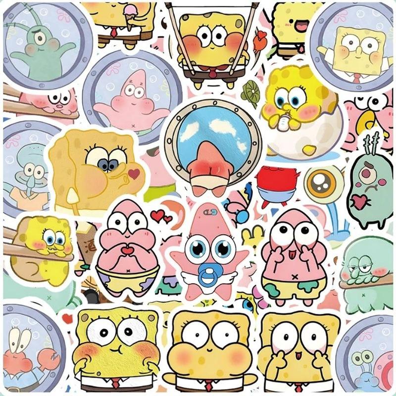 Set 12 36 60 sticker bọt biển SpongeBob chibi dán nón mũ bảo hiểm laptop vali sổ tay đàn guitar điện thȯại xe máy tủ