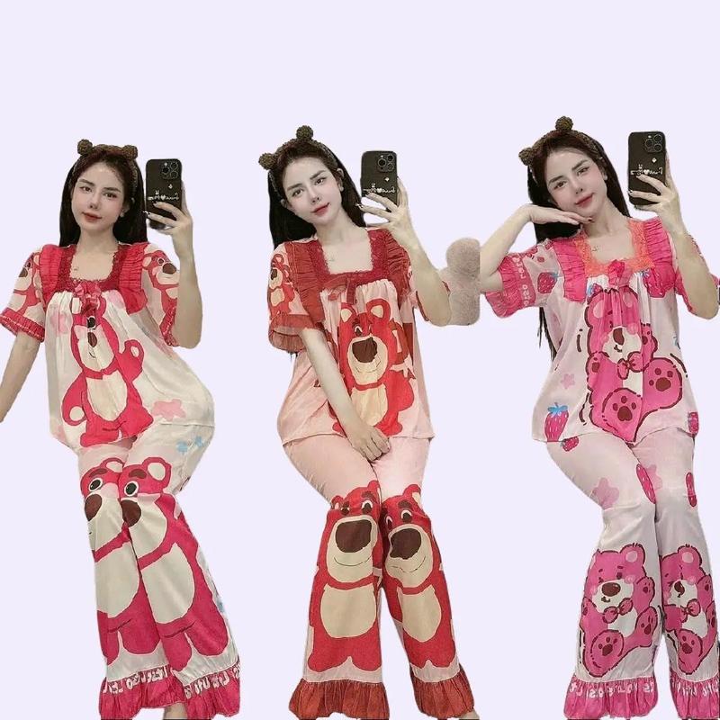 Đồ Bộ NữTb Pijama Mặc Nhà, Chất Lụa Xước, Áo Cổ Vuông Phối Voan Bèo, Tay Dài Quần Dài, Dành Cho Nữ Freesize Từ 45kg Đến 80kg Top Women (SEO) ngủ ren bigsize sam đồ  bộ đồ  macnha