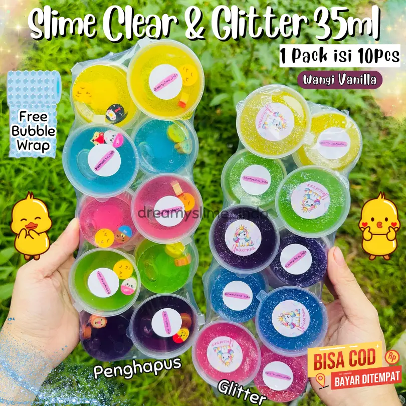 (10 PCS) SLIME CLEAR 35ML / SLIME GLITTER/PENGHAPUS 35ML MURAH /CLEAR SLIME MURAH 35ML ISI 10 GROSIR