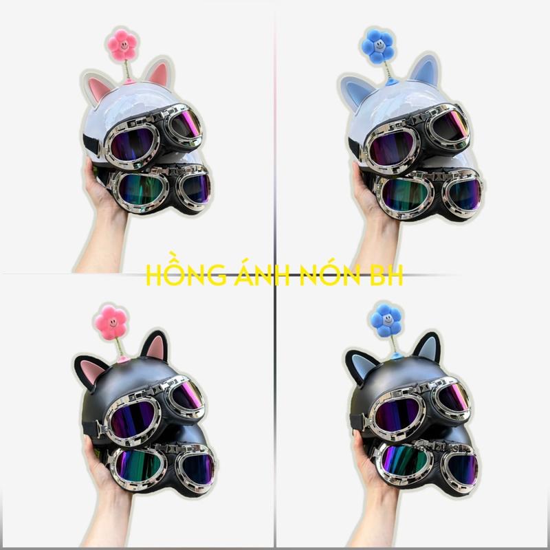 Nón Bảo Hiểm Nửa Đầu Kính Phi Công Kèm Phụ Kiện Tai Mèo 2 Màu Và Bông Hoa Gắn Mũ Bảo Hiểm Dễ Thương Helmet