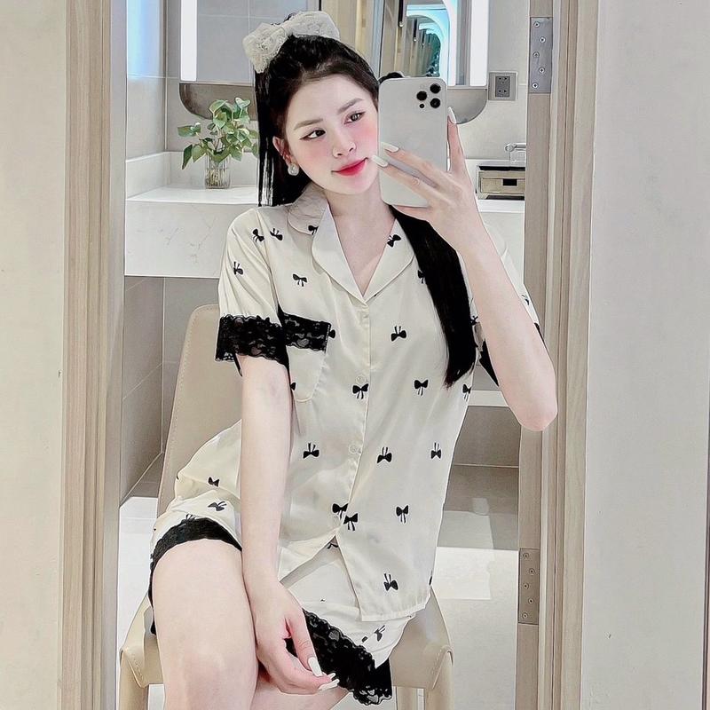 Bộ Lụa Latin Mịn Mềm Tay Ngắn Quần Đùi Cúc Đính Đá Phối Ren Mềm Mịn Đẹp Nhiều Hình Quả Đào Nơ Nhí Hoa Nhí Cho Nữ Mặc Nhà Quần Ngủ Áo Ngủ Women Nho 4
