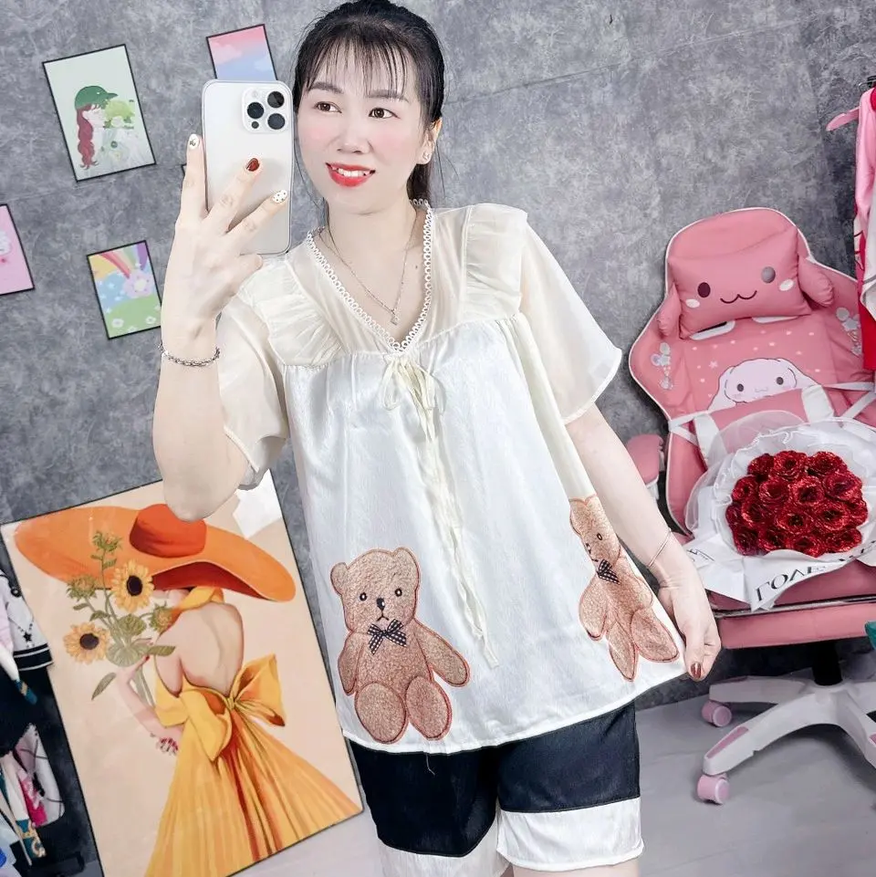 (40-60kg) Bộ Pijama Đùi Tiểu Thư, Vải Lụa Xước-Lụa Latin Phối Voan Tơ Mềm Mại, Mặc Nhà Thoải Mái Cho Nữ, Mùa Hè,In Nhiều Hình Dễ Thương Nhung Kem Voi Women Nho
