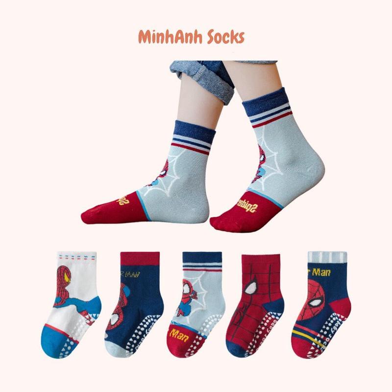 (Set 5 Đôi) Tất chống trơn trượt cao cấp cho bé trai bé gái. Tất cổ cao trẻ em hãng Minlliu Siêu Nhân, Khủng Long 1-8 Tuổi 5