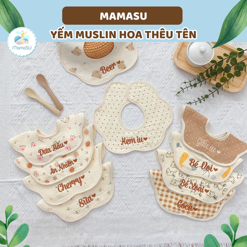 (THÊU TÊN) Yếm Cổ Muslin Hình Hoa, Yếm Chữ U Cho Bé Thêu Tên Theo Yêu Cầu - Yếm Dãi Tròn Siêu Mềm Cho Bé Phong Cách Hàn Quốc
