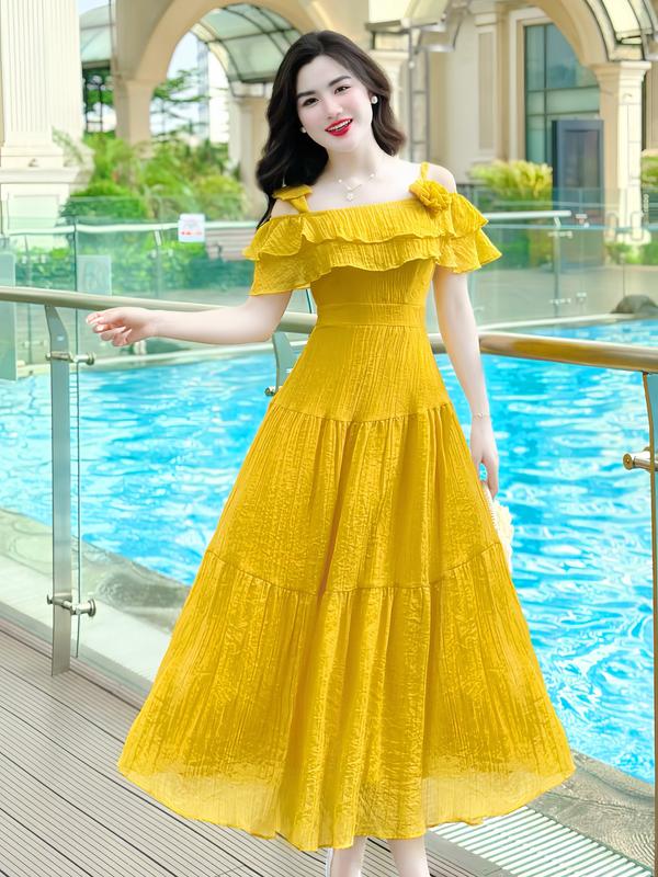 [MIỄN SHIP] MDU4126 Váy Tơ Xốp Nhăn Cao Cấp - Gam Màu Vàng Cùng Chi Tiết Đính Hoa Dịu Dàng Dành Cho Nữ Women Dress 2