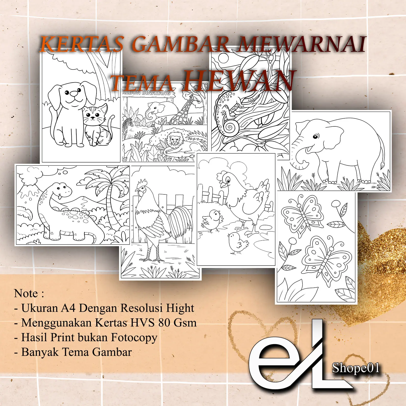 50 Lembar Kertas Gambar Mewarnai Tema HEWAN  Ukuran A4/A5 Hvs 80 Gsm Anak Usia 2-10 Thn Kertas Mewarnai Lucu & Bermanfaat untuk Stimulasi Motorik