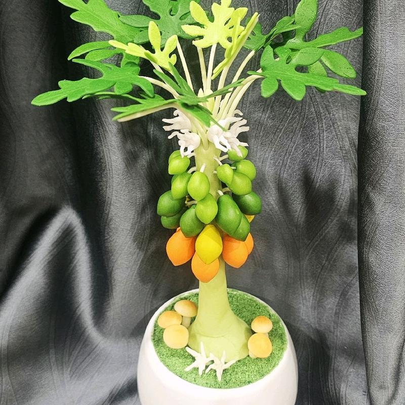 Chậu đu đủ đất sét siêu trái để bàn thần tài, bàn làm việc, kệ tủ - Hoa đất sét thủ công độc đáo 3