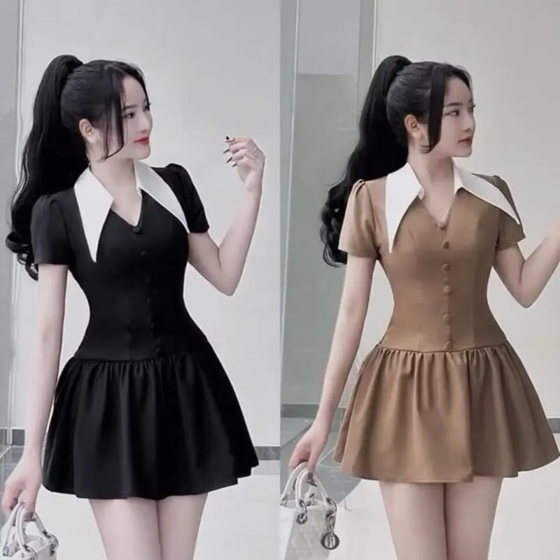 Đầm Nữ Bigsize Dự Tiệc Thiết Kế Sang Chảnh Đính Nút Bọc. Váy Phối Cổ Bẻ Kèm Quần Đùi ( Bigsize :45-90kg) Cotton 1