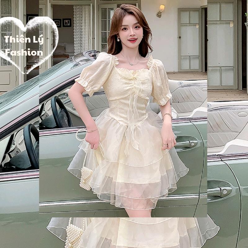 Váy xoè ba tầng phong cách tiểu thư bánh bèo đầm dự tiệc cổ vuông tay bồng nơ ngực xinh xắn [TLV5] Thiên Lý Fashion