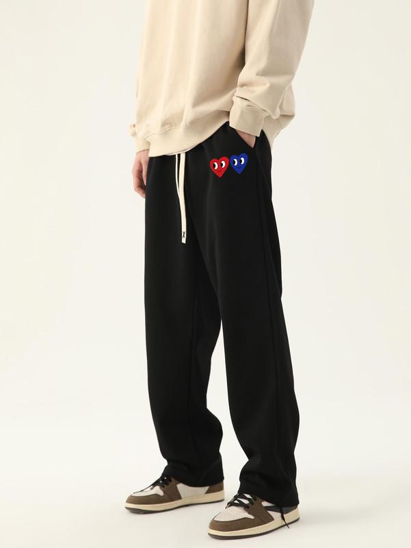 Men's Heart Print Pocket Drawstring Waist Sweatpants, Regular Fit Straight Leg Pants for Spring & Fall, Drippy Outfits, Men's Trousers for Summer Daily Wear, Pants for Men, Going Out Outfit, Casual Menswear Valentine's Day, gift, Work Trousers Men 1