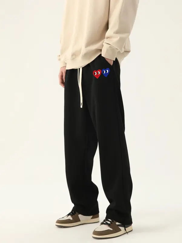 Men's Heart Print Pocket Drawstring Waist Sweatpants, Regular Fit Straight Leg Pants for Spring & Fall, Drippy Outfits, Men's Trousers for Summer Daily Wear, Pants for Men, Going Out Outfit, Casual Menswear Valentine's Day, gift, Work Trousers Men 1