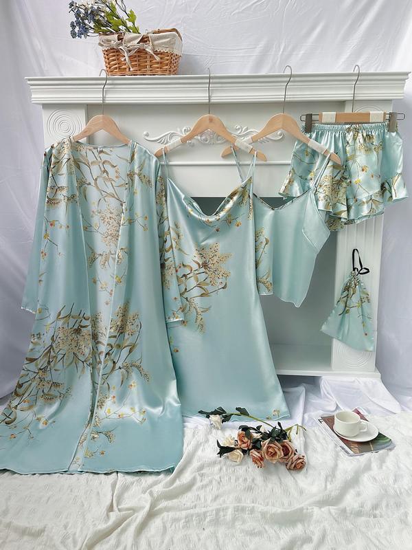Christmas Gift Five Counts Women's Floral Print Satin Pyjamas Set, Pj Sets for Women, Elegant Comfort Belted Robe & Cowl Neck Cami Dress & Camisole & Ruffle Shorts & Bag, Pajama Sets Women, Loungewear for All Seasons, Lounge Set for Women 0