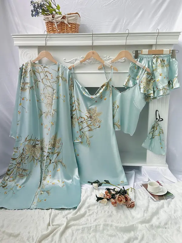 Christmas Gift Five Counts Women's Floral Print Satin Pyjamas Set, Pj Sets for Women, Elegant Comfort Belted Robe & Cowl Neck Cami Dress & Camisole & Ruffle Shorts & Bag, Pajama Sets Women, Loungewear for All Seasons, Lounge Set for Women 0