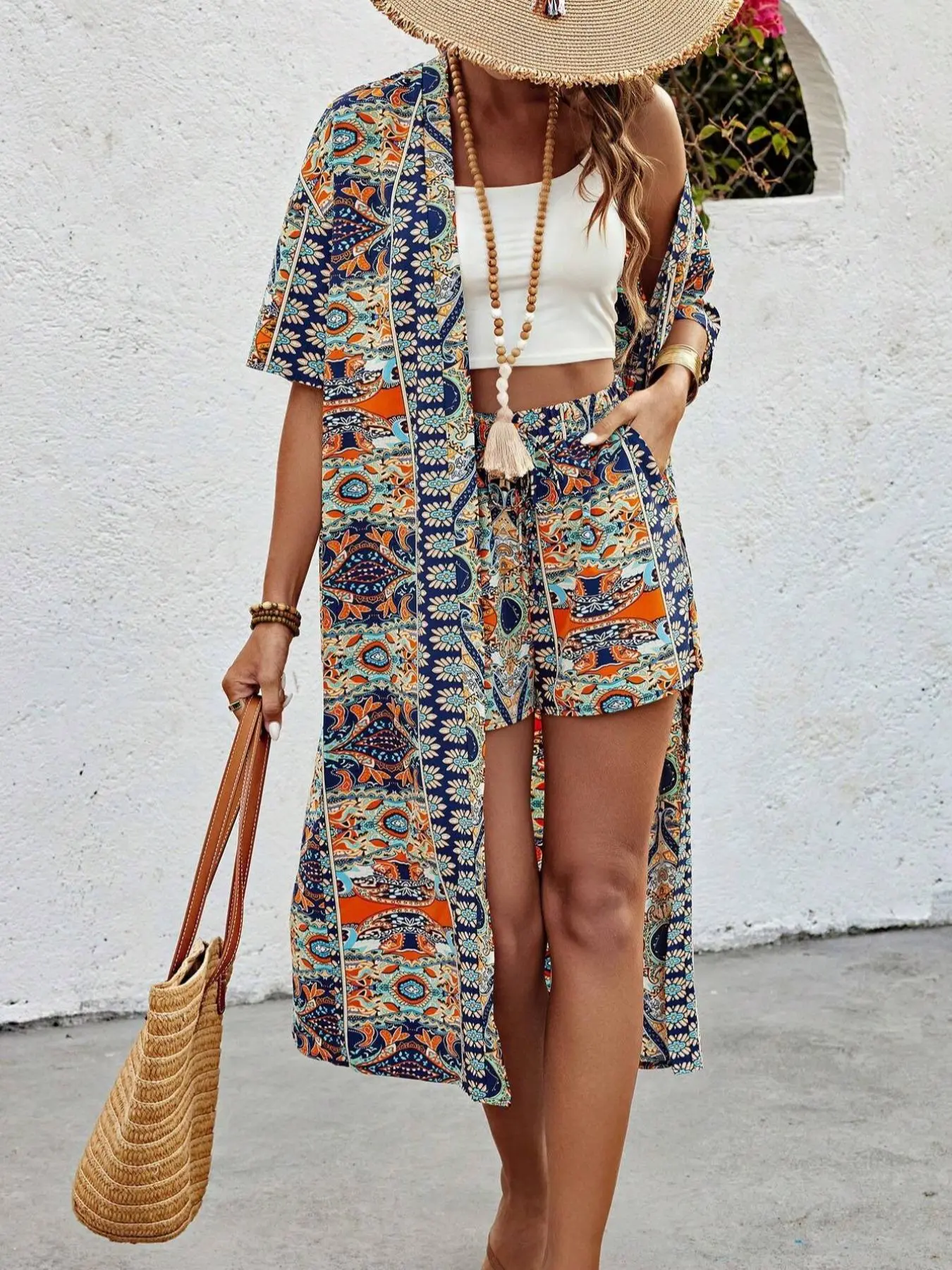 Women's Ethnic Pattern Open Front Top & Shorts Two-Piece Set, Boho Casual Outfits for Beach Vacation Holiday, Ladies Clothes for All Seasons, Womenswear