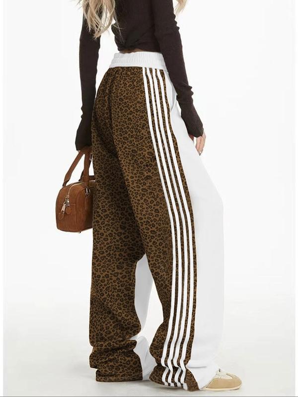 Women's Fashionable Leopard Print Sweatpants, Casual Versatile Loose Colorblock Sweatpants, Side Stripes Straight Leg Pants for Fall & Winter 1