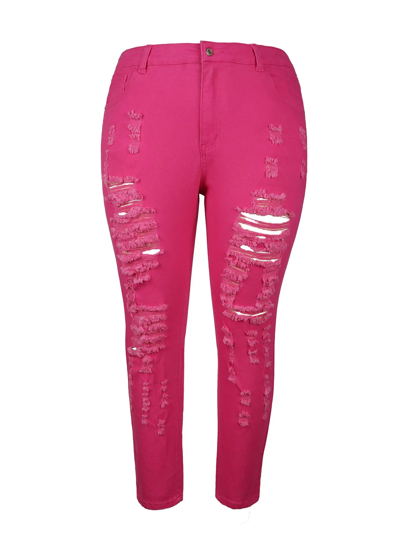 【Plus Size】 Solid Ripped Pocket Skinny Jeans, Casual Comfy Button Fly Denim Trousers for Daily Wear, Women's Bottoms for Fall & Winter