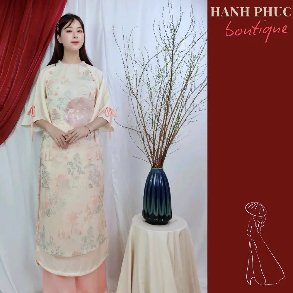 Áo Dài Cách Tân 2 Tà Cổ Tròn Cúc Bọc – Tơ Thêu Thủy Mặc – Tay Phối Nơ Duyên Dáng, Thanh Lịch Nữ