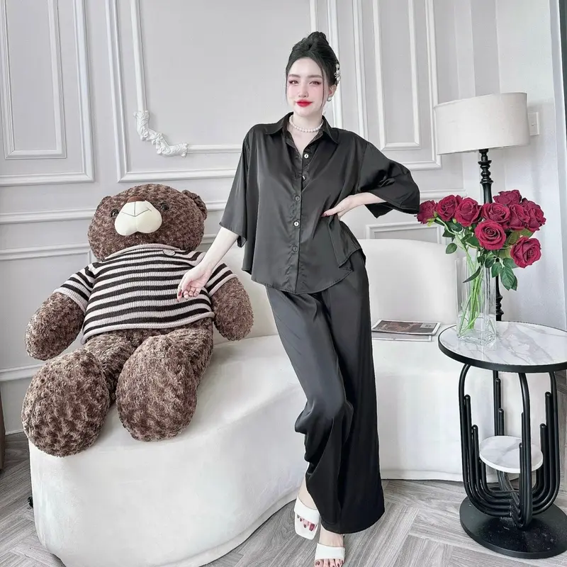Set Sơ Mi Lụa Latin Tay Lỡ Quần Dài Có Túi (Freesize40-70kg) Women Nữ Áo 3