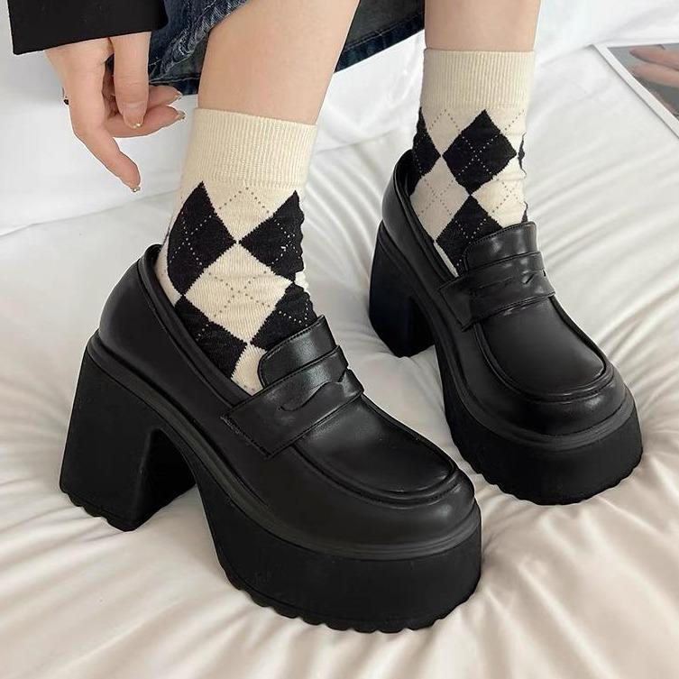 【Vận chuyển hàng Việt Nam Pháp tròn đầu Vintage gót cao Mary Jane giày da PU 100 phù hợp với đế dày tăng thanh niên giải trí dốc gót giày nhỏ