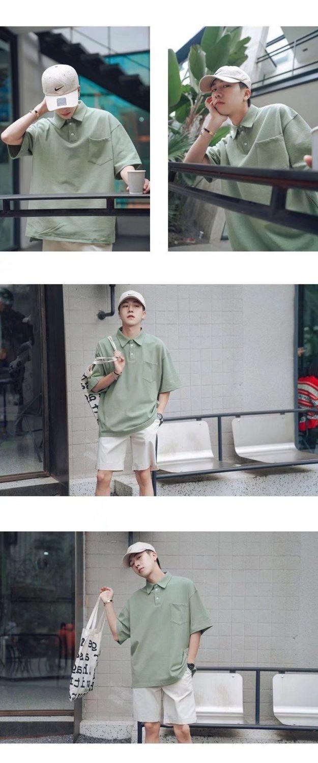 Product Introduction of Green Short Sleeve Polo Shirt for Men Summer Ins Trend Loose Fit Hong Kong Style Versatile Casual Stylish Turn-down Collar Five-point Sleeve T-shirt 12